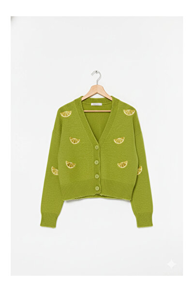 Namaste Vintage Green Color Lemon Embroidery V-Neck Knitwear Cardigan