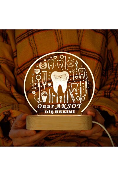 HeavenlyScarfs Diş Hekimine Özel Kişiye Özel LED Işıklı Ahşap Masa İsimliği