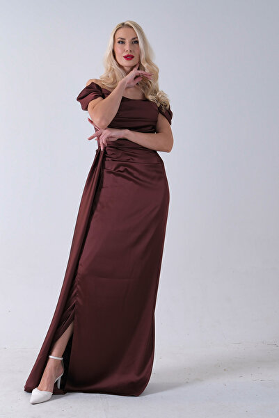 Feminist Drape Detaylı Saten Kumaş Abiye Elbise Kahve 9704858