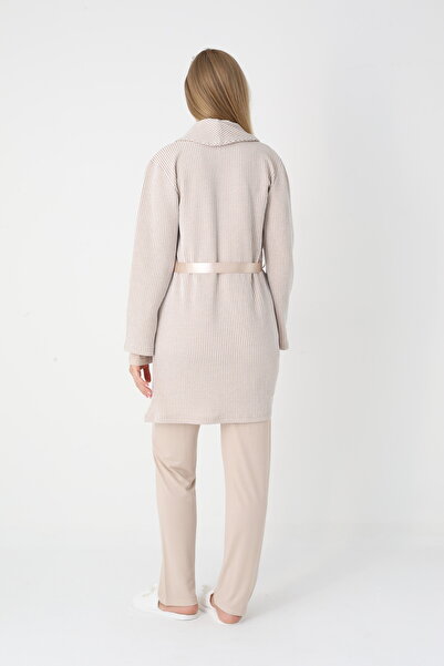 Lohussa Kadın Bej Jakarlı Şal Yaka Dantelli Kışlık Özel Tasarım Lohusa Hamile Sabahlık Pijama Takımı Seti