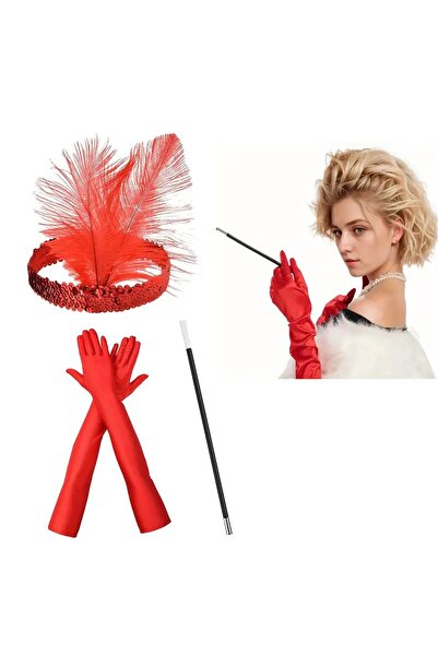 Beldekstore 1920 ler Tarzı Kırmızı Tüylü Saç Bandı Kırmızı Rugan Eldiven ve Sigaralık Seti
