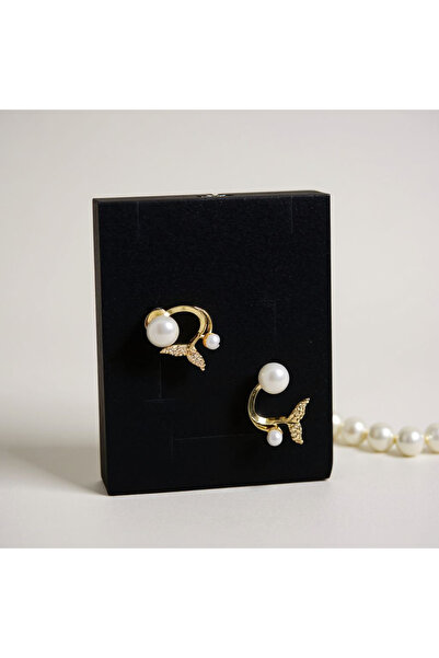 RÜZGARBİJÜTERİ İncili Balık Kuyruğu Tasarım Zirkon Küpe - Kararmaz Çelik - Altın Kaplama