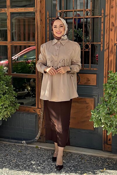 EkshiButik CLANDE Nakış Deteylı Tunik 2502-3018 Bej