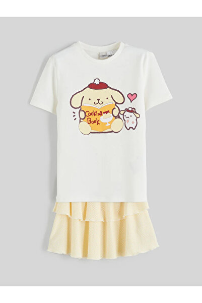 LC Waikiki Lcw Kids Ecru Crew Neck Pompompurin Printed Girls' T-Shirt and Skirt