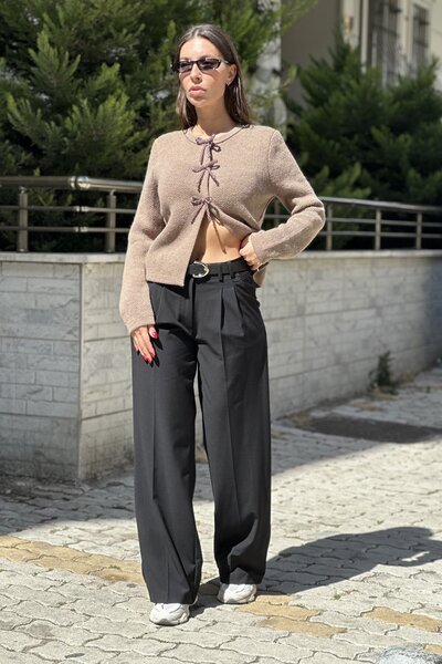 CurcunaShop Women's Belted Wide Leg Fabric Palazzo Pants