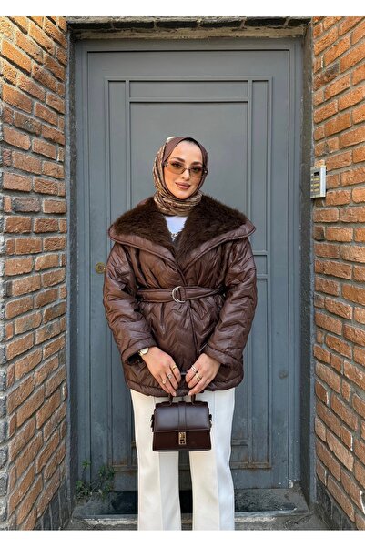 GM Butikk Nou sezon Premium pentru femei, cu guler de blană, cu centură, palt...