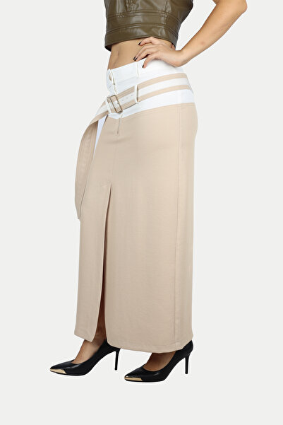 Berr-ın Women's Waist Belt Detailed Color Gradient Slit Beige Skirt 124Y03003102-Bej