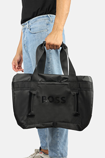 BOSS Erkek Geniş İç Hacimli Fermuarlı Logo Baskılı Siyah Spor Çanta BS-700126...