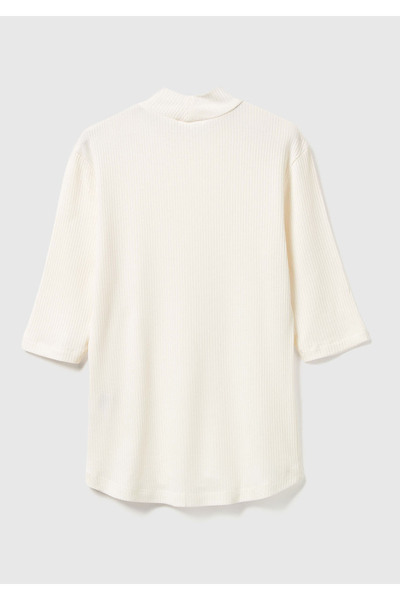 United Colors of Benetton Women's Cream Lyocell Half Sleeve Slim Fit Mock Neck T-Shirt