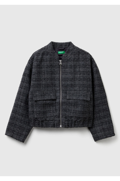 United Colors of Benetton سترة بنمط شانيل للفتيات باللون الرمادي الداكن مع جي...