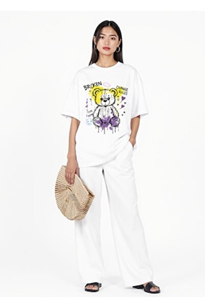 OEM Tricou lejer (alb) — Grafică ursuleț „Reguli încălcate / Schimbă regulile”