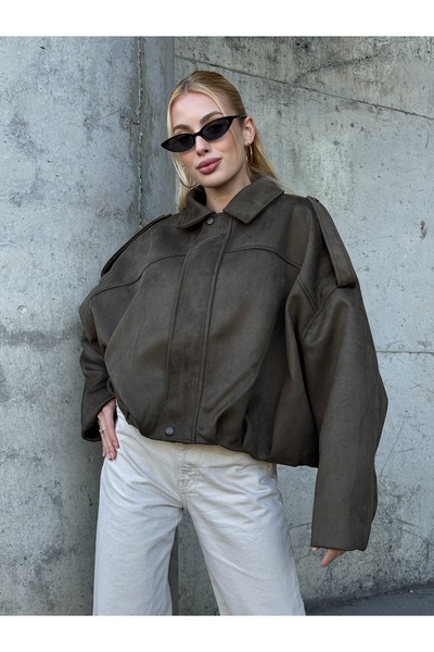 02Lady Fashion Oversized Suede Fabric Jacket with Epaulet Detail