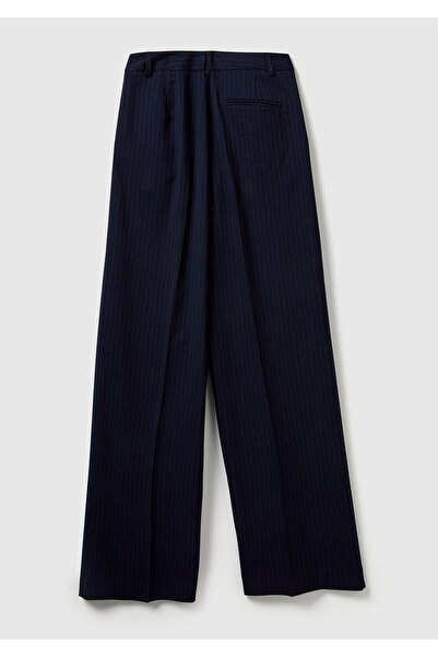 United Colors of Benetton Women's Navy Blue Patterned Viscose Blend Pocketed Wide Leg Trousers