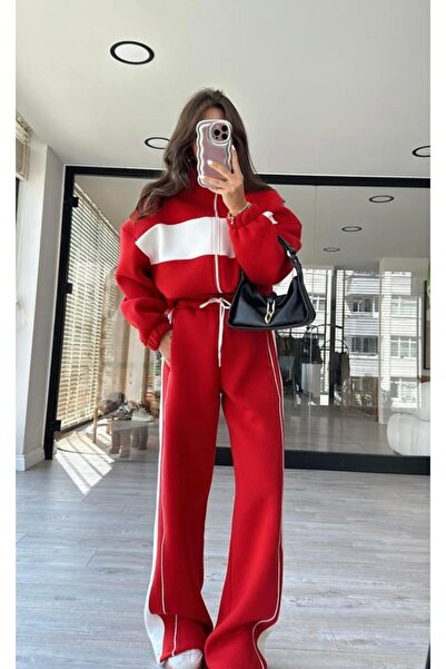 ANATOLIATEKSTILE 🍁🍂 Women's tracksuit with white stripes - two-piece sports set, crop top and wide pants, padded