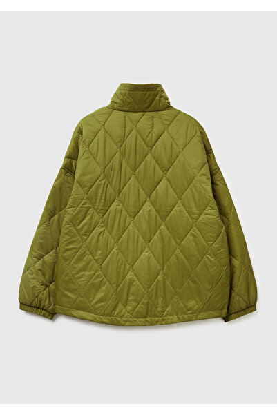 United Colors of Benetton Women's khaki green zippered pocket Mock Neck quilted jacket