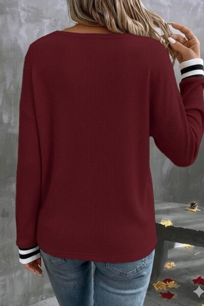 Mossta V Neck Striped Detail Waffle Blouse - Burgundy