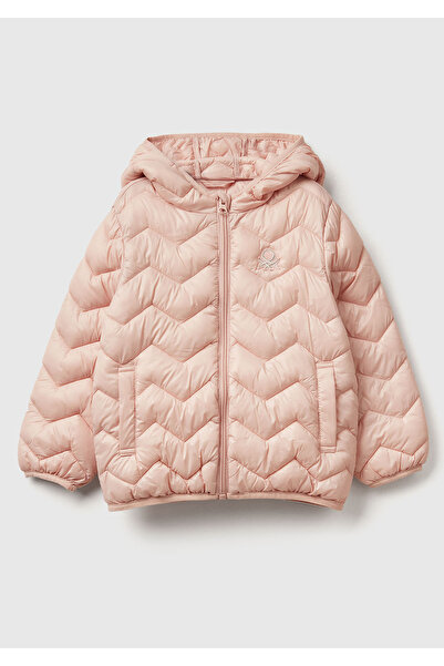 United Colors of Benetton Kız Çocuk Toz Pembe Simli Logo İşlemeli Kapüşonlu M...