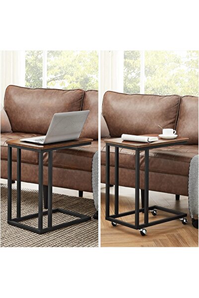 Aralifes C-Shaped End Table for Couch, Small TV Tray, Table with Wheels, Laptop Desk for Living Room, Bedroom