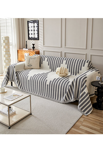 L&Wen غطاء أريكة، بطانية شينيل مع شرابات، قابلة للعكس ومزخرفة - رمادي فاتح، ع...