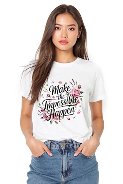 OEM Tricou de damă din bumbac cu imprimeu floral motivațional „Make the Impossible Happen” (Make the Impossible Happen) Mărimea M