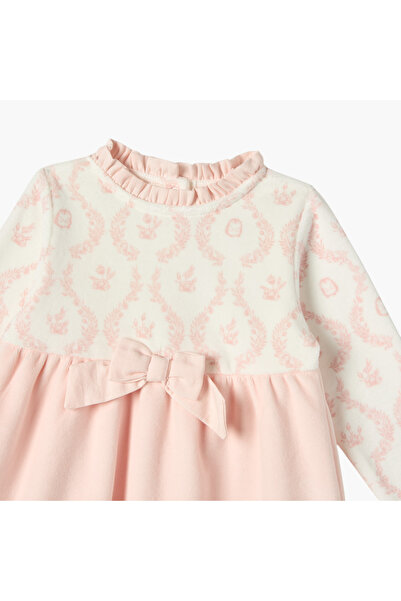 giggles Floral Print Long Sleeves Dress with Bow Detail and Button Closure