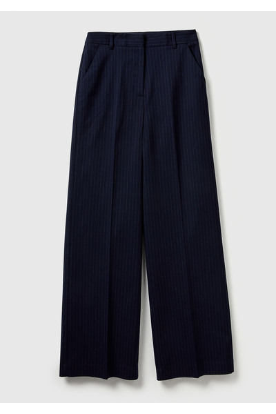United Colors of Benetton Women's Navy Blue Patterned Viscose Blend Pocketed Wide Leg Trousers