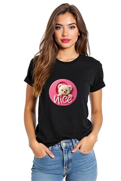 OEM Tricou negru din bumbac pentru femei cu imprimeu circular modern