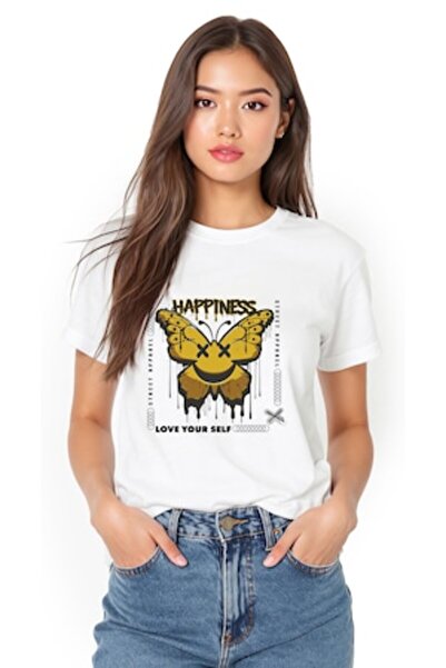OEM Unisex T-shirt "Happiness – Love Yourself" yellow butterfly, 100% cotton, size 2XL