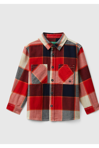 United Colors of Benetton Boy's Red Mix Checkered Logo Embroidered Chest Pocket O Oversized Shirt