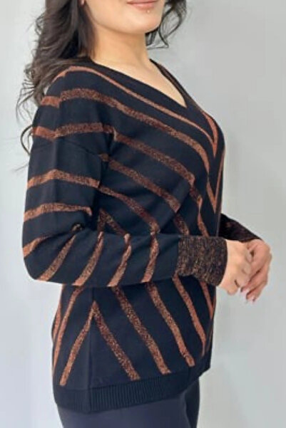 Bİ.GİYSEN Kadın Kahve V Yaka Verev Sim Çizgili Likralı İnce Tiriko Yumuşak Do...