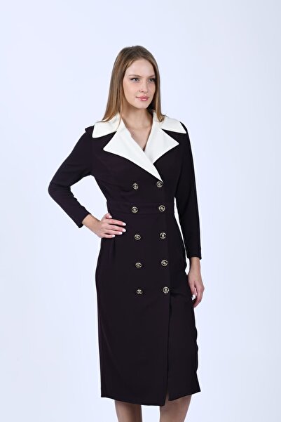 la luce Mürdüm Kruvaze Geniş Yaka Elbise - QE388