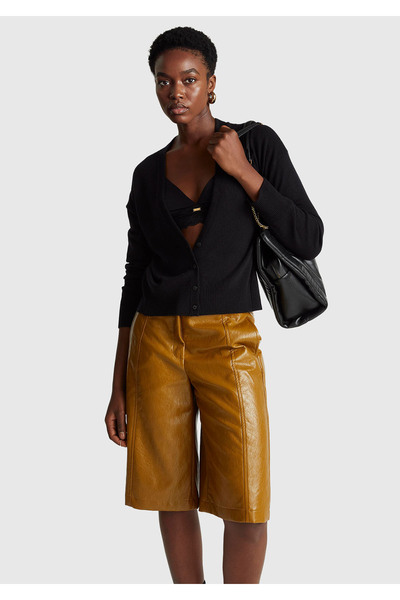 United Colors of Benetton Women's Black Wool and Cashmere Blend Ribbed Detailed Buttoned Cardigan