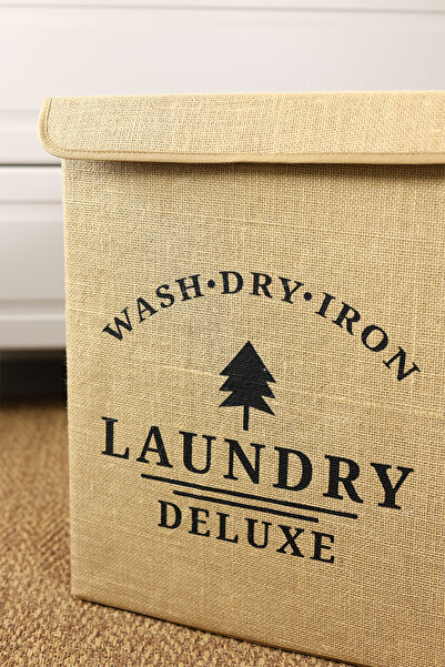 LUXWAY HOME Laundry Baskılı Kapaklı Jüt Çamaşır Kirli Kıyafet Kutusu Büyük Bo...