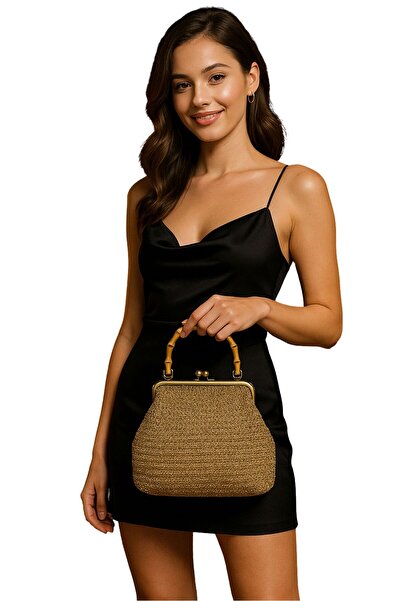 Uretti - حقيبة يد أوزنور 7392 4576 مصنوعة يدويًا من الورق اللامع مع حزام خشبي / 29 سم × 22 سم