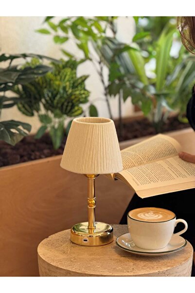 Maison Avf Krem Süet Kadife Kablosuz Şarjlı Masa Lambası - Alt Uzun Parlak Gold
