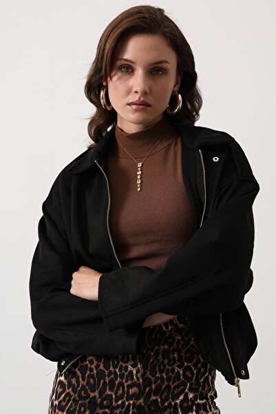 VAGGON Women's Black Zipper Closure Shirt Collar Bomber Suede Jacket Vs01417