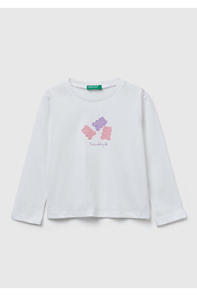 United Colors of Benetton Момичешка суитшърт с кремав преден принт, ребрист яка и редовна кройка