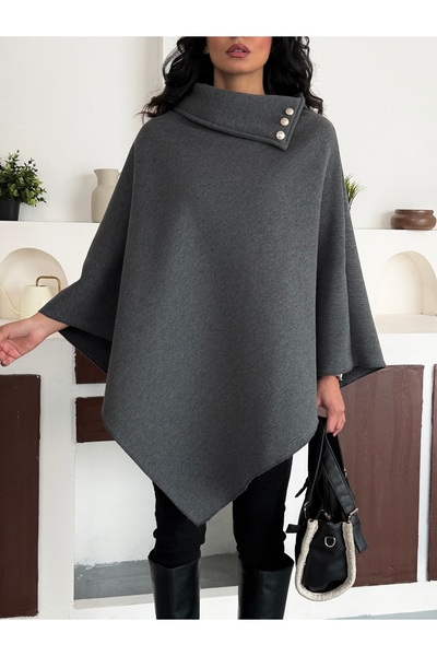 moda biz Women's Woven Collar Button Detailed Stylish Design Hijab Gray Poncho
