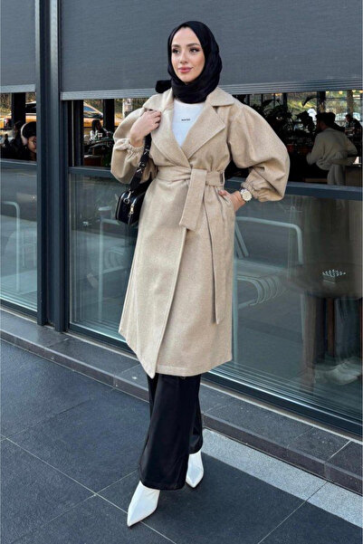 Tesettür Diyarı Kolu Büzgülü Düğmesiz Astarsız Tesettür Kaban- Bej