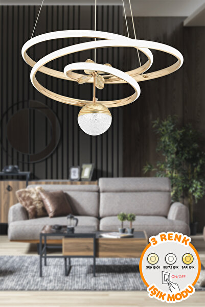 Dekorluna Mero 3 Renk Işık Özellikli Modern Gold Kaplama Sarkıt Led Avize Salon Avize