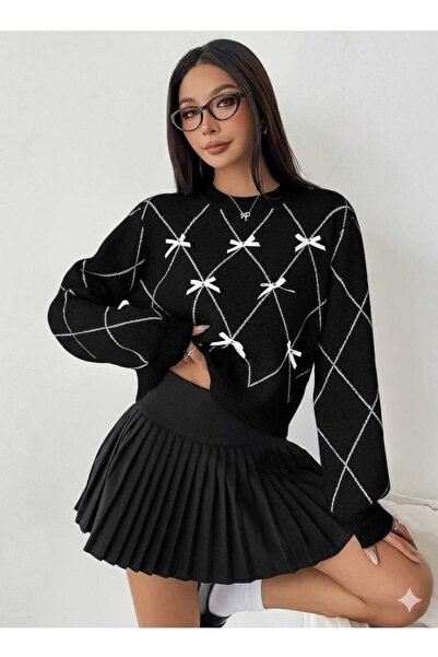 SAYZEN Tricot Sweater with Baklava Patterned Ribbon/Bow Detail