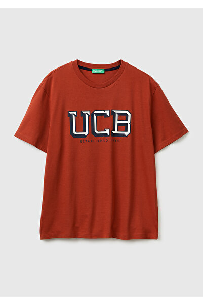 United Colors of Benetton Men's Red-Ucb 100% Cotton Front Logo Printed Relax Fit T-Shirt