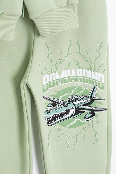 Cansın Mini Green Boy's Written Character Printed Fleece-Lined Tracksuit Set 23287