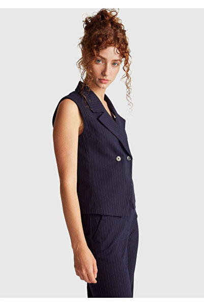 United Colors of Benetton Women's Navy Blue Patterned Viscose Blended Buttoned Double-Breasted Vest