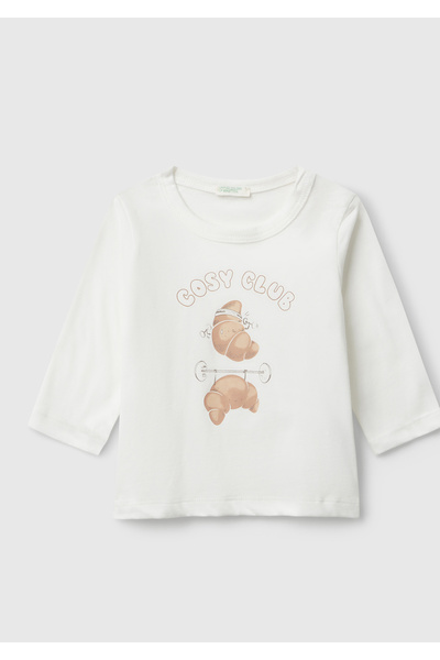 United Colors of Benetton Baby white long sleeve t-shirt with Printed hidden buttons on the front