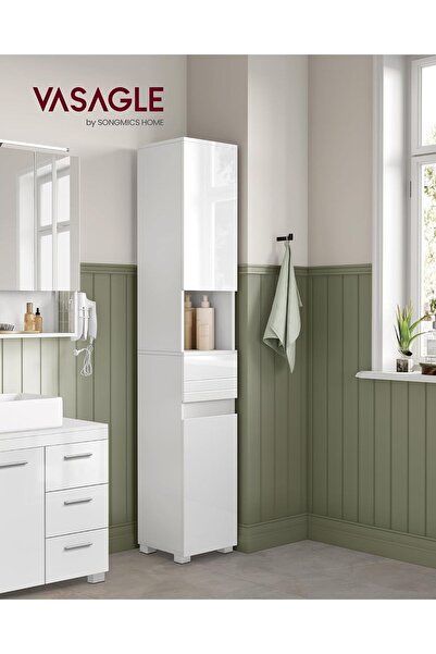 VASAGLE Dulap de baie tip coloană, din MDF, cu sertar și 2 uși, 30x30x170cm, alb