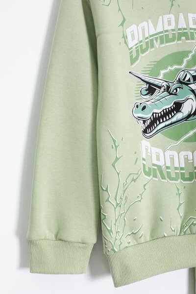 Cansın Mini Green Boy's Written Character Printed Fleece-Lined Tracksuit Set 23287