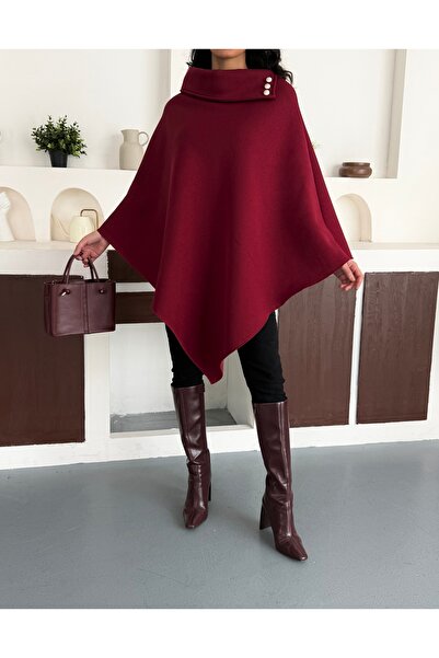 moda biz Women's Woven Collar Button Detailed Stylish Design Hijab Burgundy Poncho