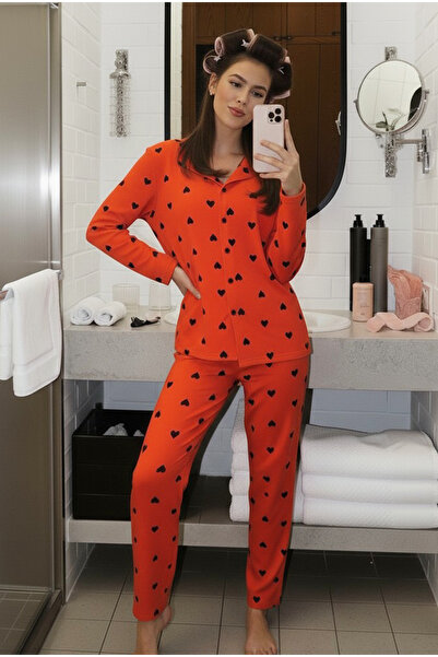 Siyah İnci narçiçeği siyah kalp desenli Örme Düğmeli Pamuklu Pijama Takım