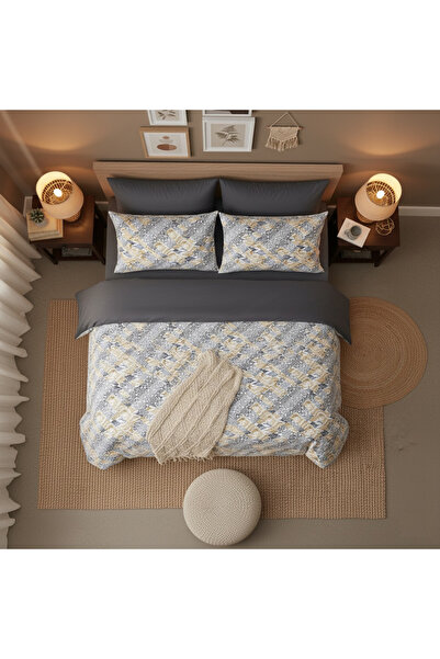 MyStory Home Dupla méretű paplanhuzat szett rugalmas lepedővel, Kırkyama füstölt